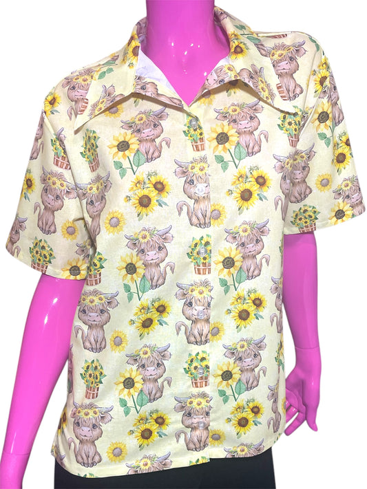 Button shirt- Highland Cows and Sunflowers