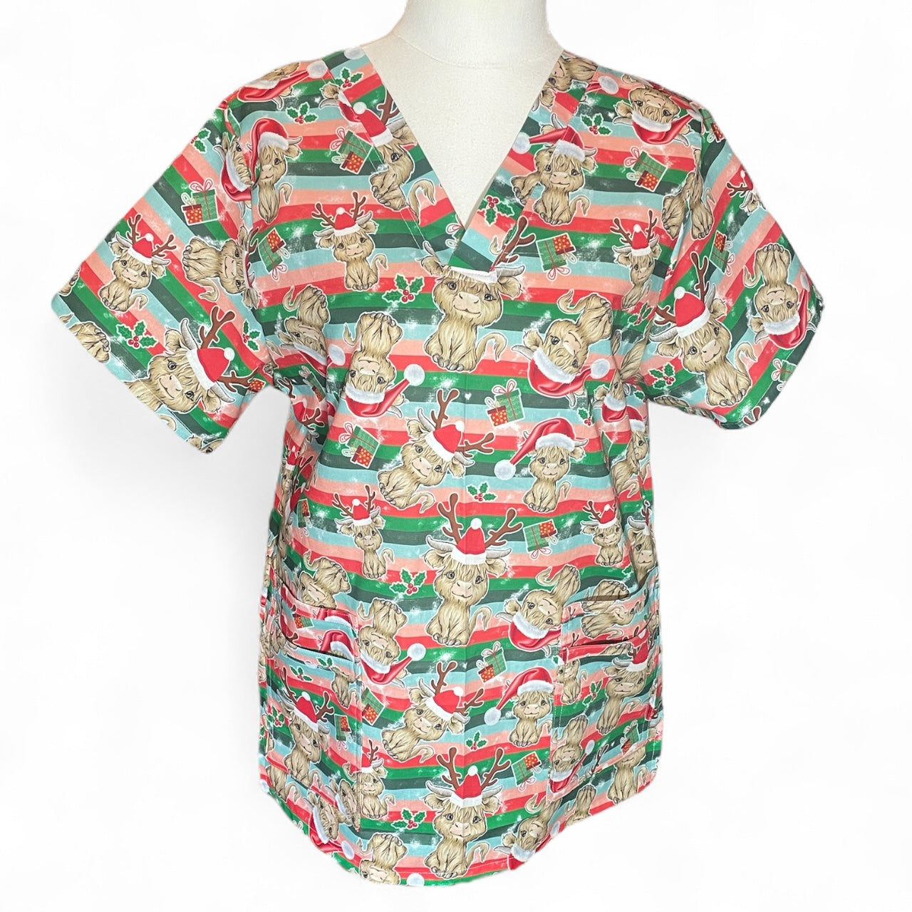 Australian Made Scrub Top- Christmas Highland Cows