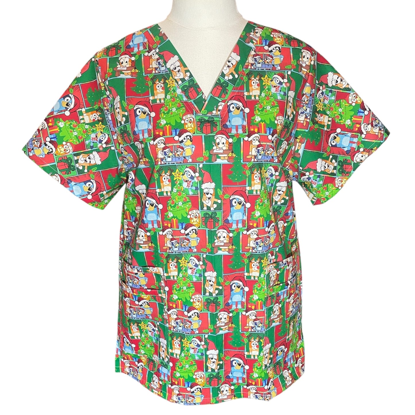 Australian Made Scrub Top- Christmas Bluey Patches