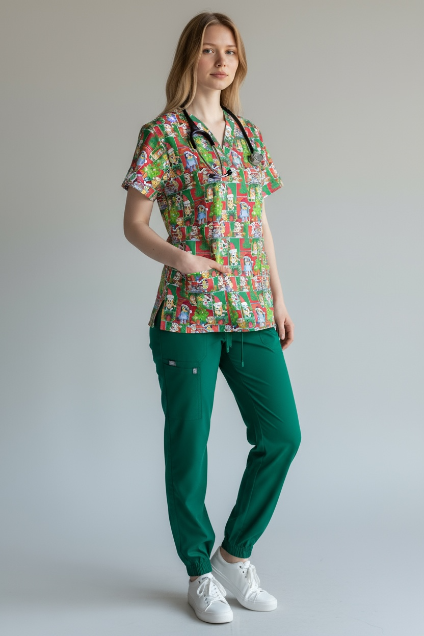 Australian Made Scrub Top- Christmas Bluey Patches