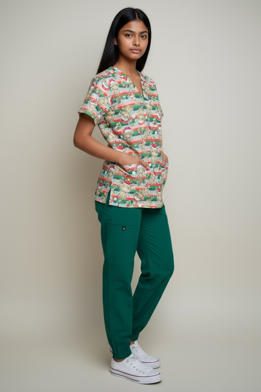 Australian Made Scrub Top- Christmas Highland Cows