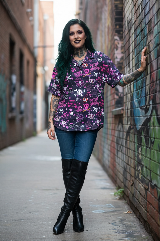 Australian Made Button Shirt- Punk Pink Skulls