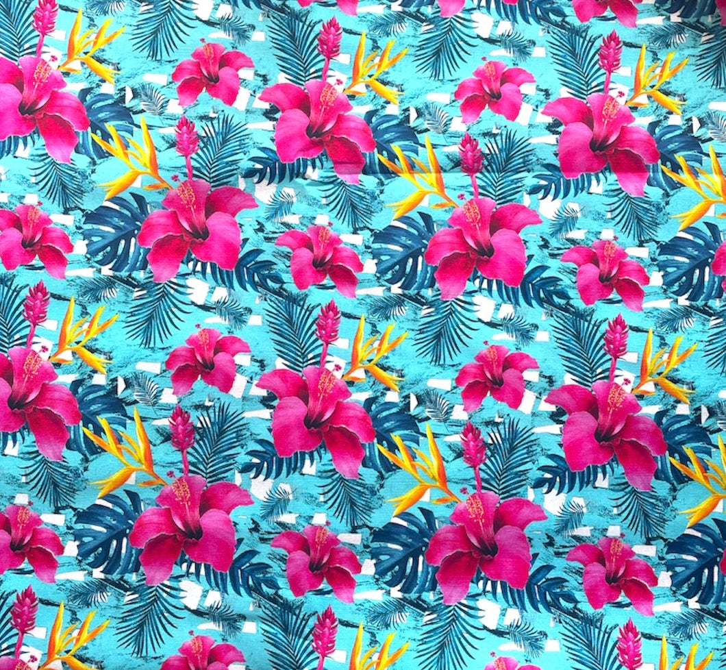 Scrub Top- Pink Hibiscus on Blue