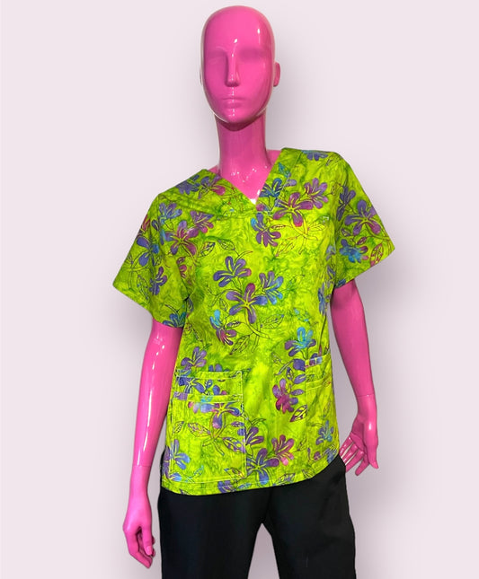 Scrub Top- Green Hibiscus