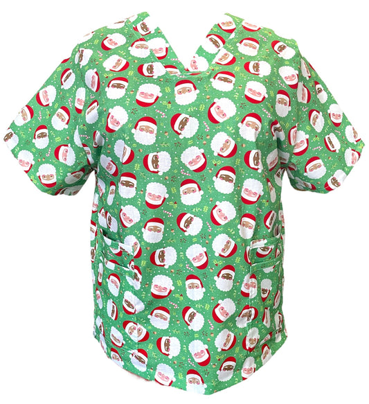 Scrub Top- Santa on Green