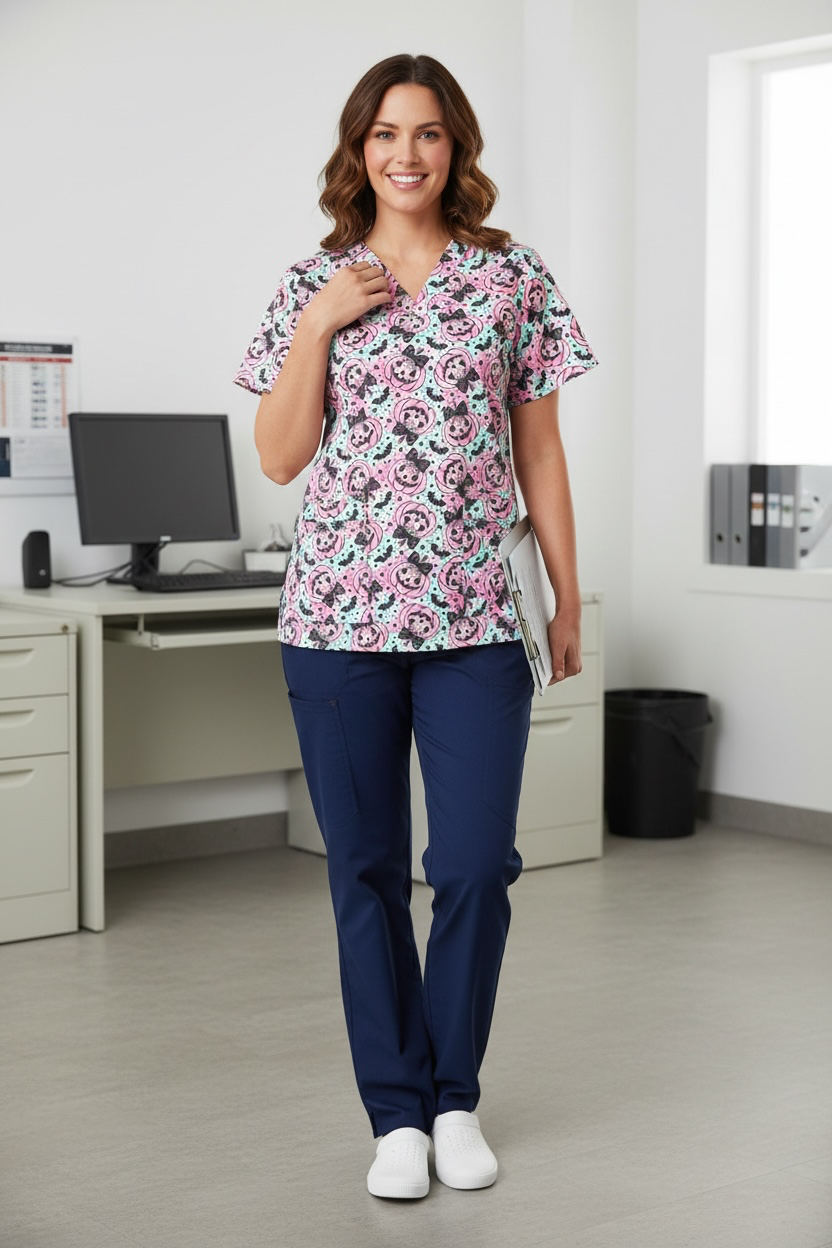 Australian Made Scrub Top- Pink Pumpkins