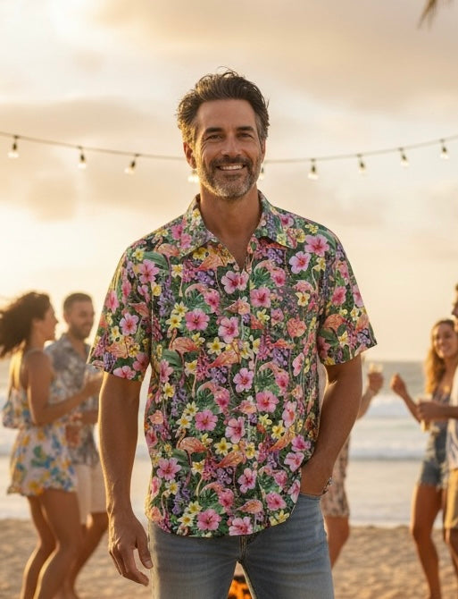 Button Shirt- Tropical Flamingoes