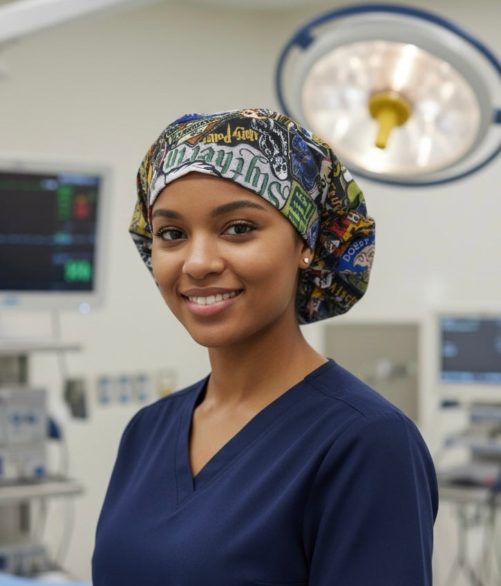 Australian Made Bouffant Style Scrub Cap- Harry Potter Patches