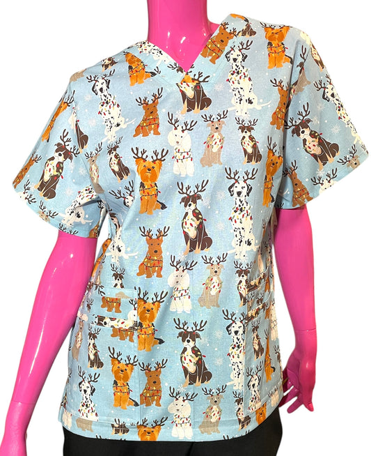 Scrub Top- Christmas Doggos on Blue