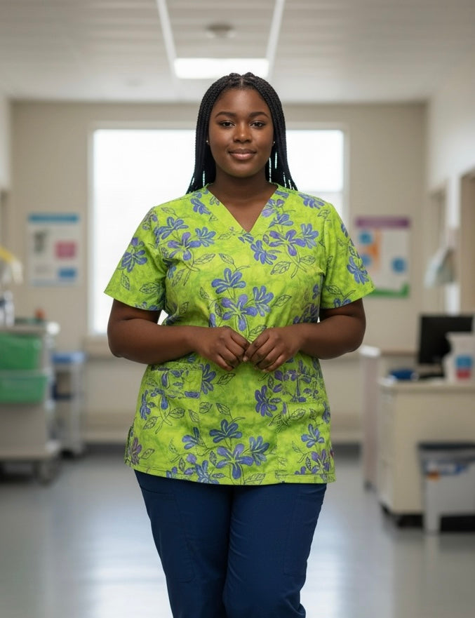 Scrub Top- Green Hibiscus