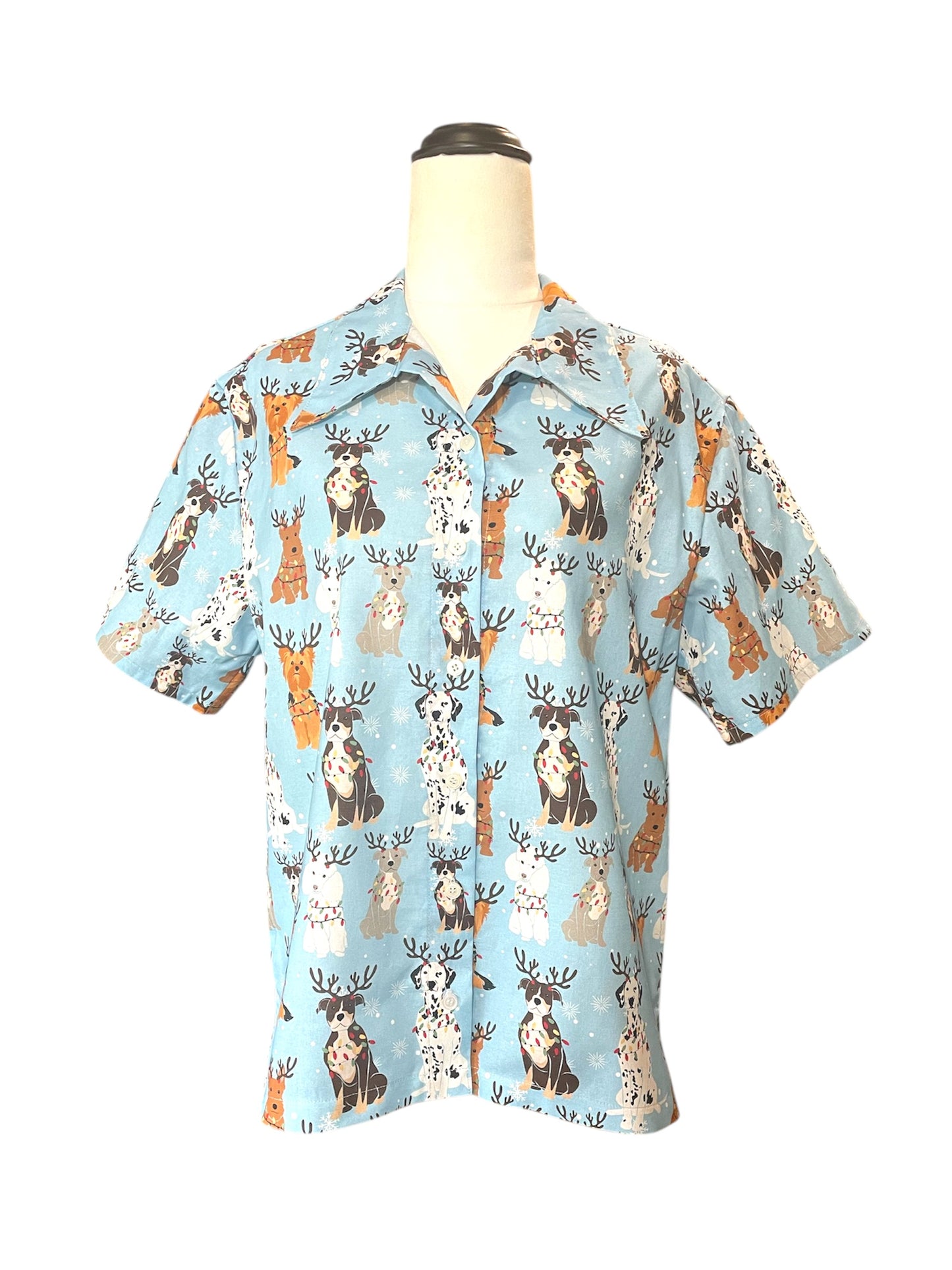 Button Shirt- Christmas Doggos on Blue