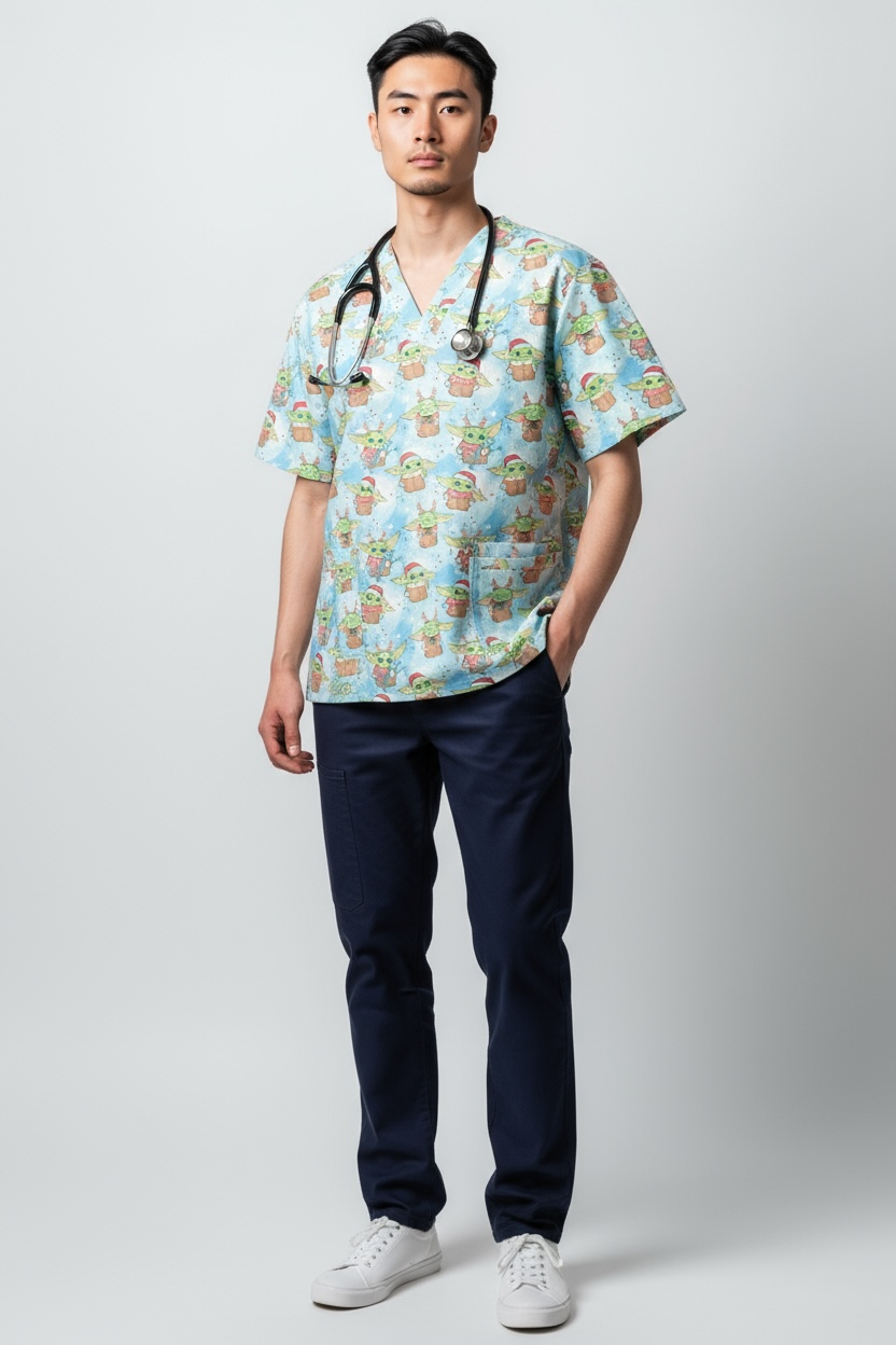 Australian Made Scrub Top- Baby Yoda Christmas