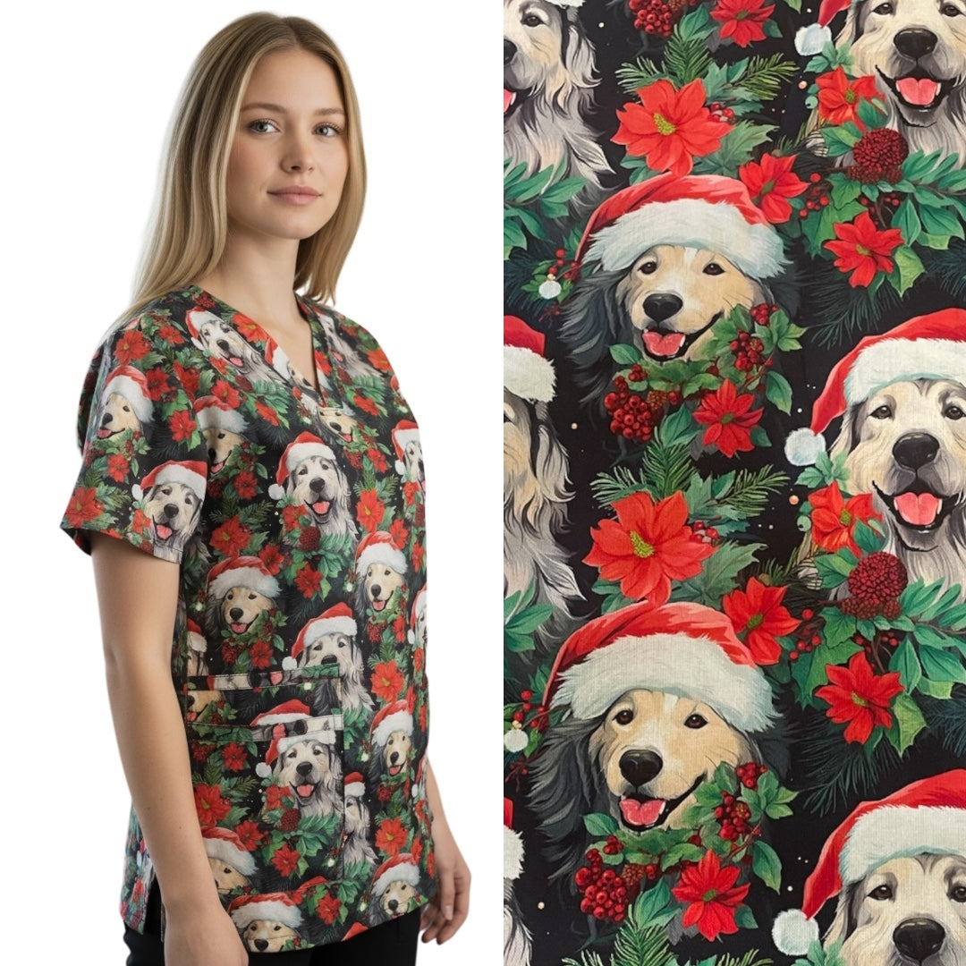Australian Made Scrub Top- Santa Dogs