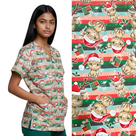Australian Made Scrub Top- Christmas Highland Cows
