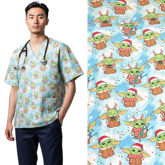 Australian Made Scrub Top- Baby Yoda Christmas