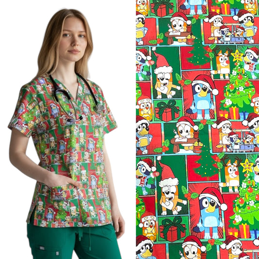 Australian Made Scrub Top- Christmas Bluey Patches