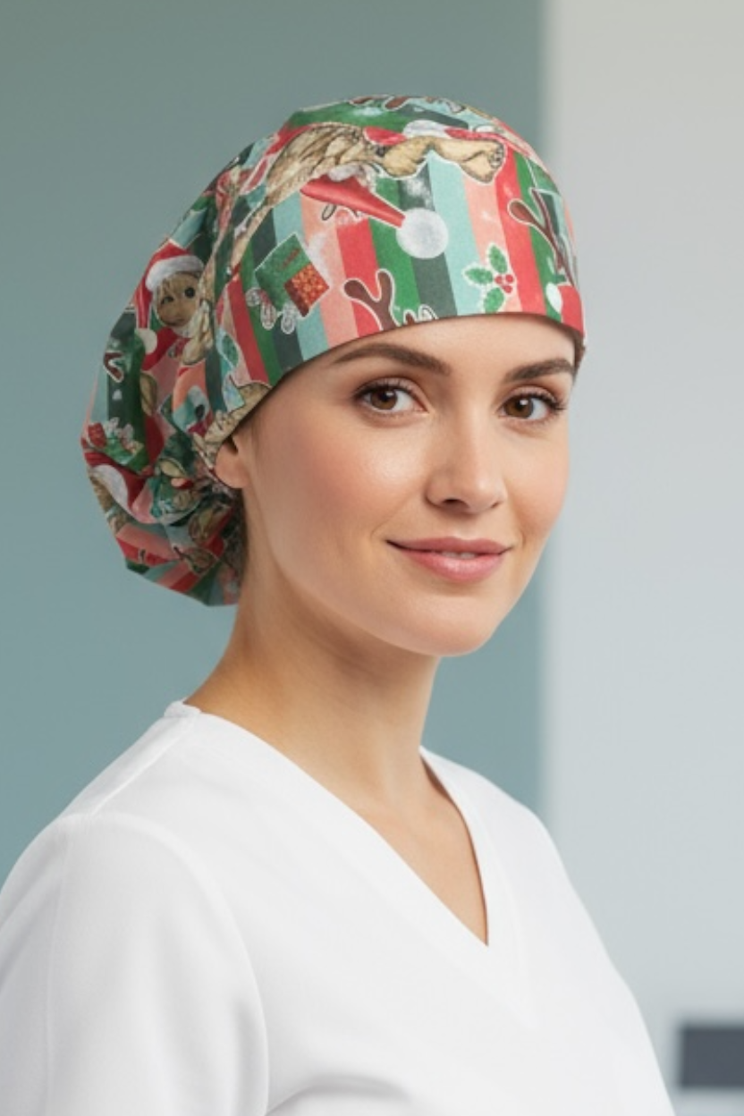 Australian Made Bouffant Style Scrub Cap- Christmas Highland Cows