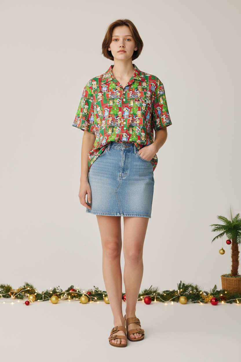 Button Shirt- Christmas Bluey Patches