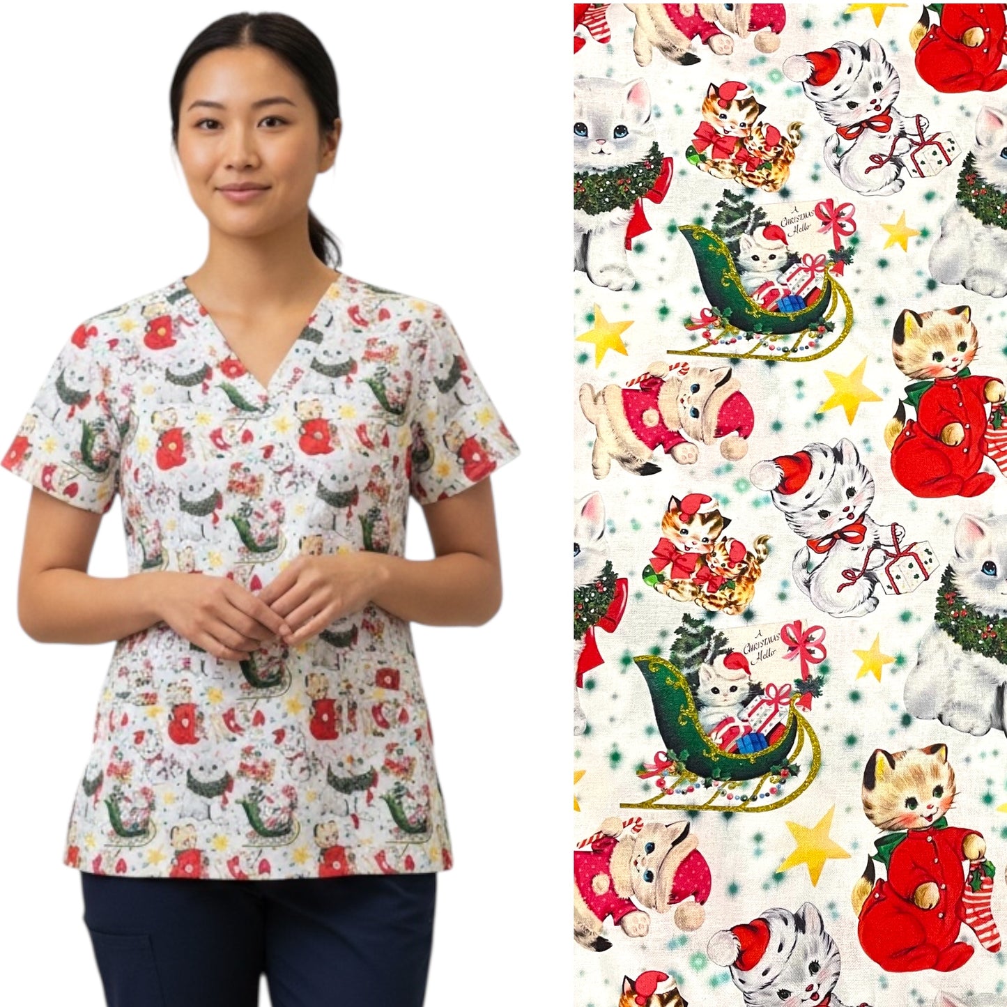 Scrub Top- Christmas Kitties on White