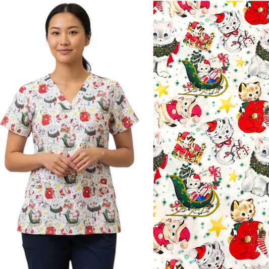 Scrub Top- Christmas Kitties on White