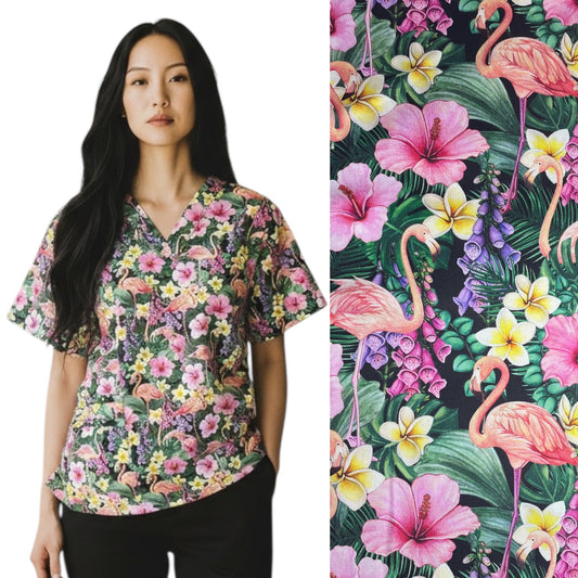 Scrub Top- Tropical Flamingoes