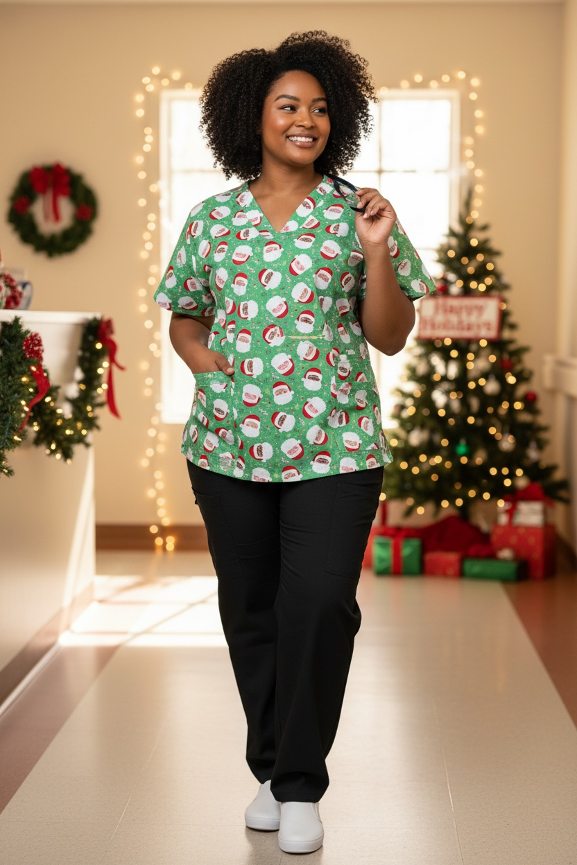 Scrub Top- Santa on Green