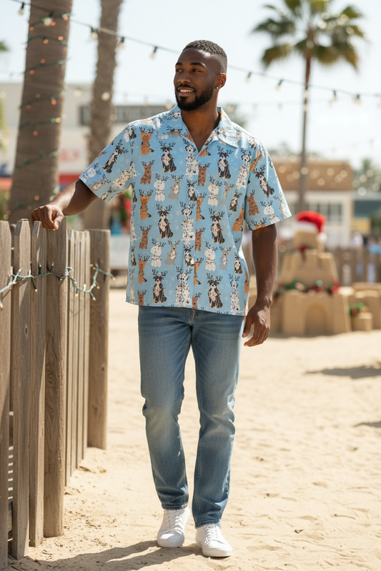 Button Shirt- Christmas Doggos on Blue