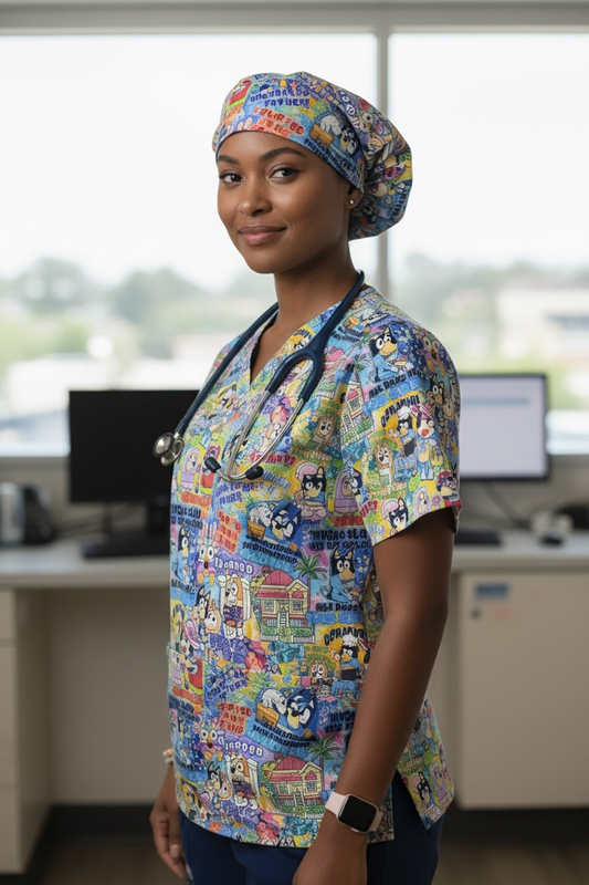 Australian Made Bouffant Style Scrub Cap- Bluey Family