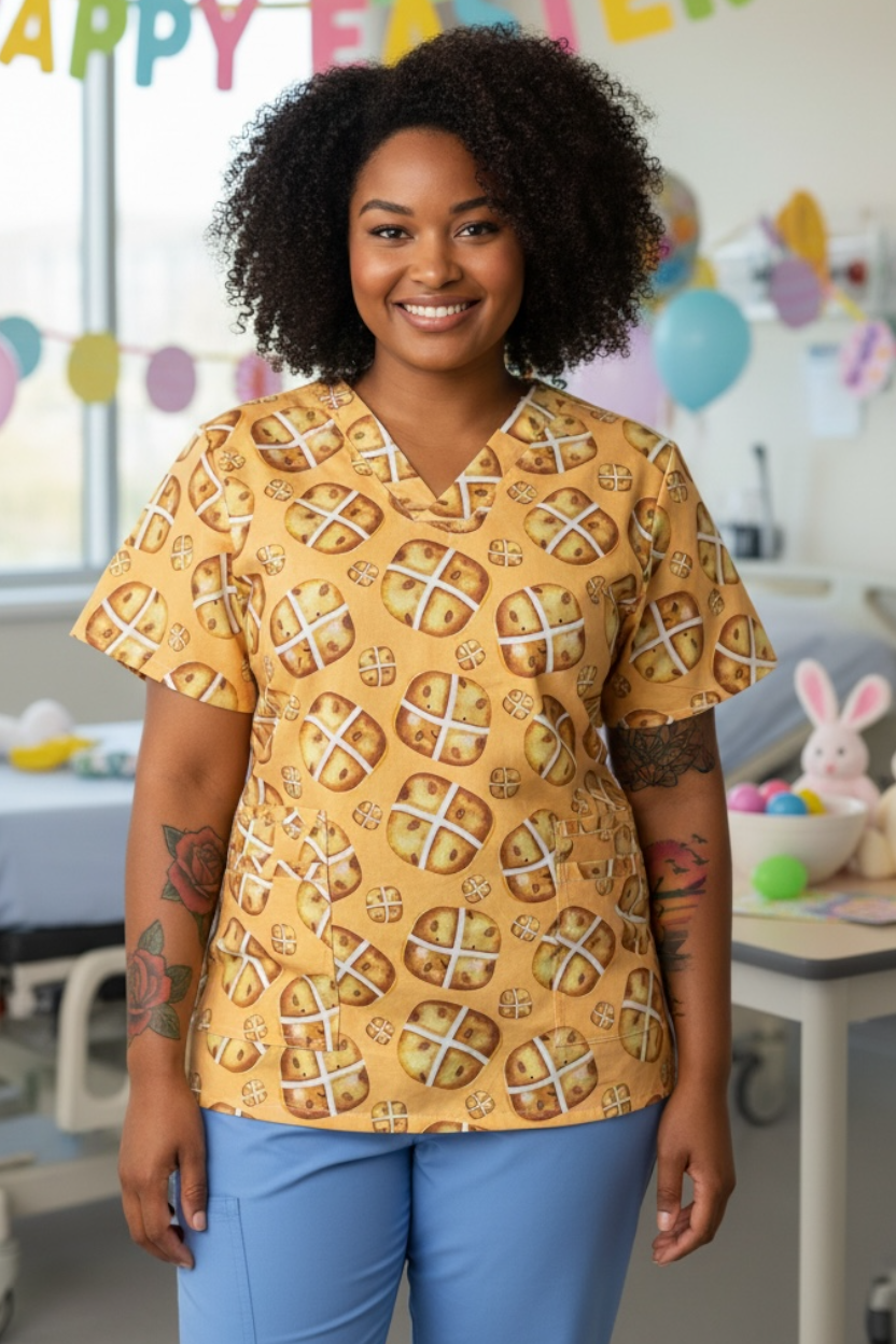 Scrub Top- Hot Cross Buns