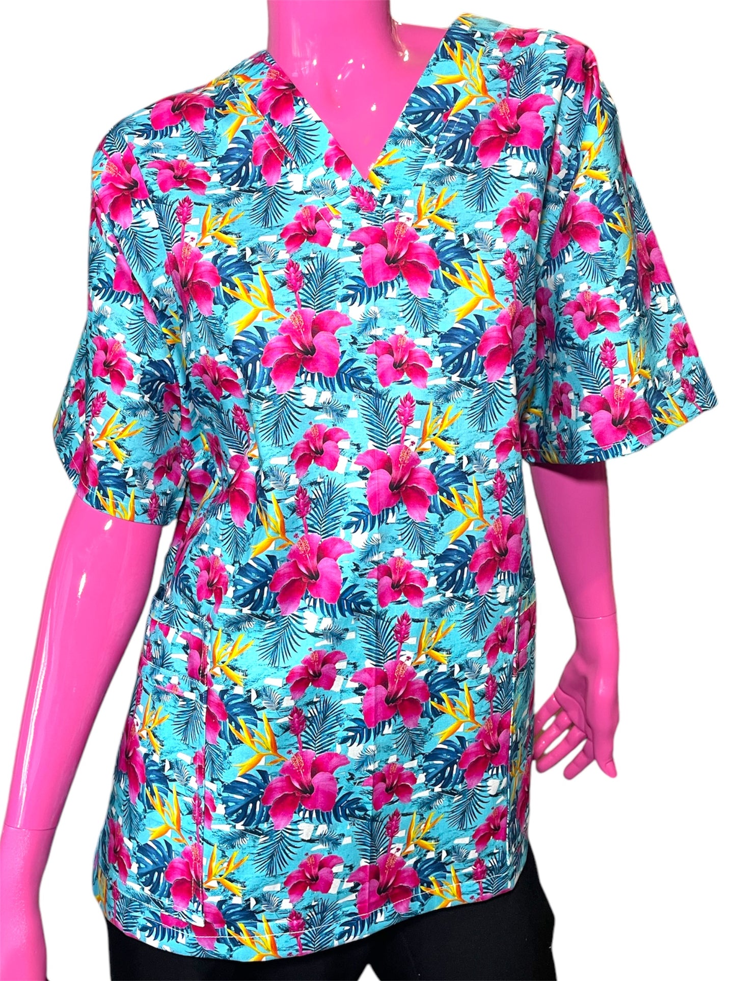 Scrub Top- Pink Hibiscus on Blue