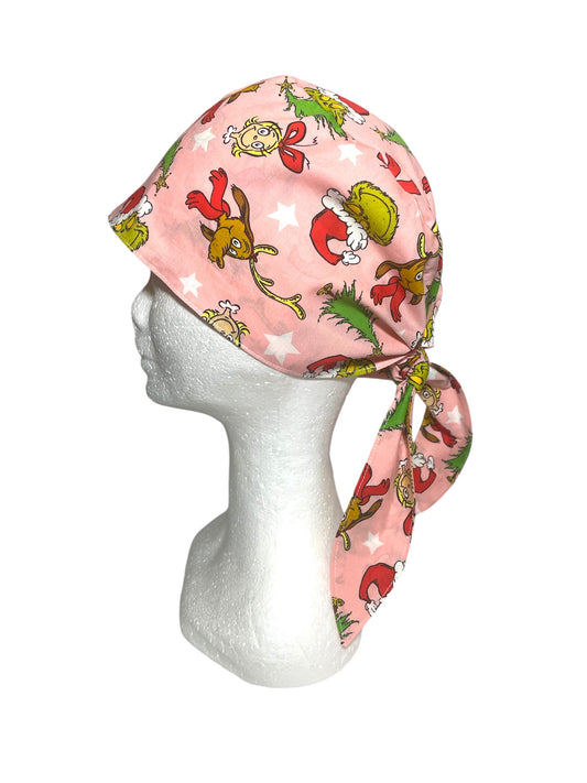 Scrub Cap- Grinch on Light Pink