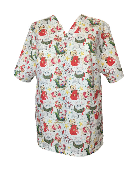 Scrub Top- Christmas Kitties on White